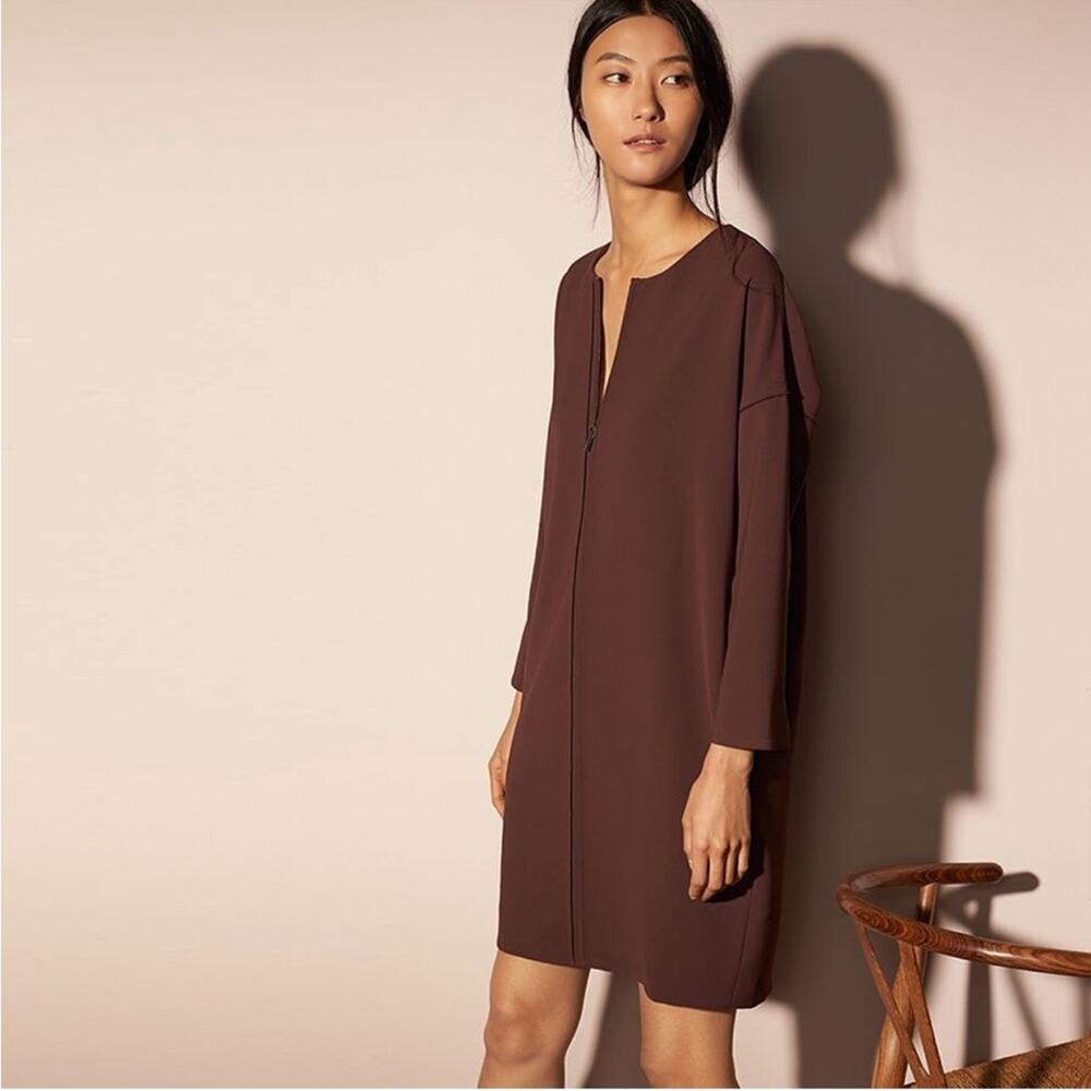 Vince Chocolate Brown Front Seam Zipper Cocoon Long Sleeve Shift Dress Small